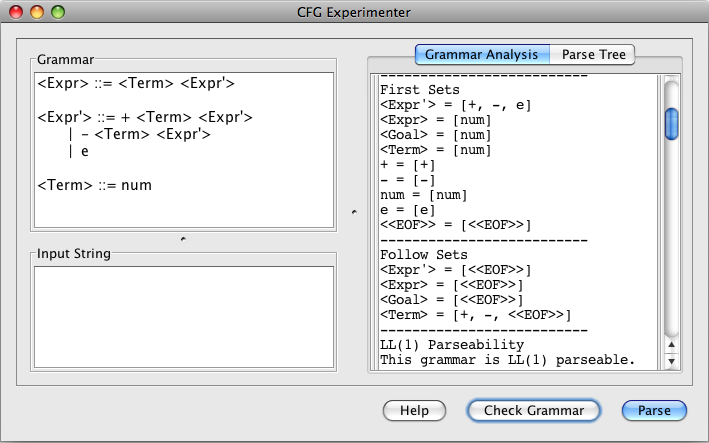 Screenshot of CFG Experimenter’s Grammar Analysis