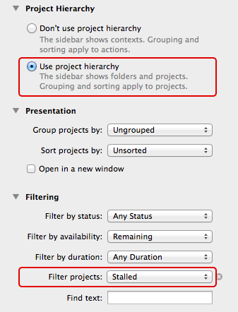 Configuring a Stalled Projects Perspective Screen shot of Custom Perspective settings